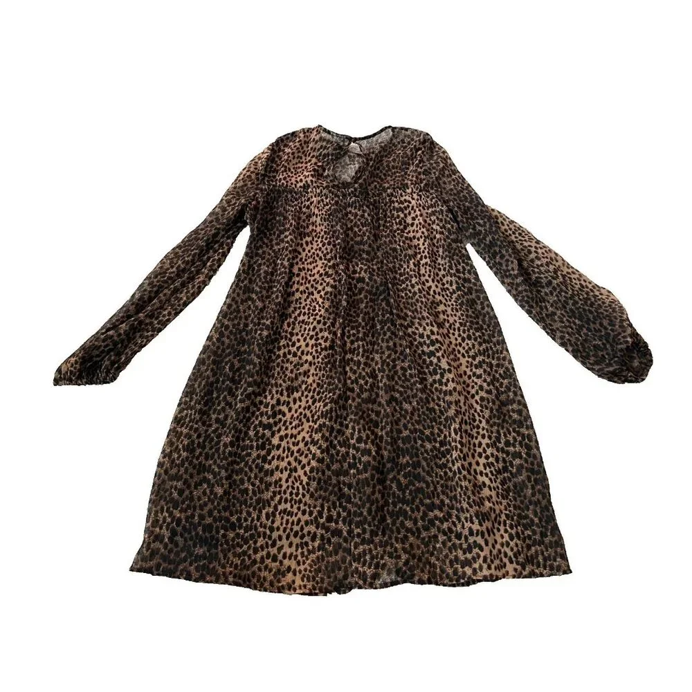 H&M Womens Brown Animal Print Long Sleeve Chiffon Dress Ruffled Size 0‎ NWT